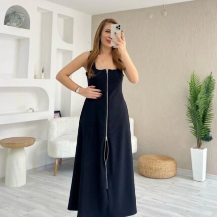 Kadın Askılı Kare Yaka önden Fermuarlı Geniş Kesim Janjan Krep Elbise