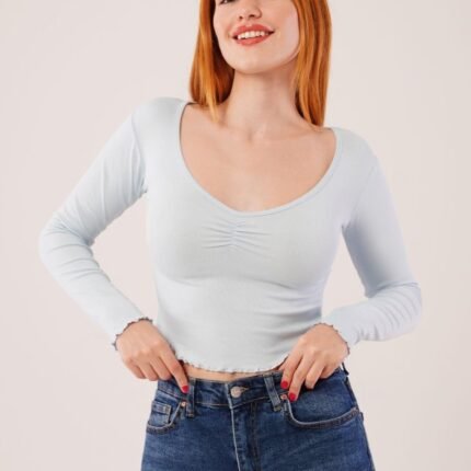 Geniş Yaka Bebe Mavisi Basic Body Bluz