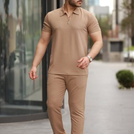 Erkek Yakalı Fermuarlı Tshirt Pantolon Ikili Rahat Takım