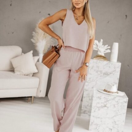 Kadın Üstü V Yaka Kolsuz Krop Alt Beli Lastikli Pantalon İki İplik Takım