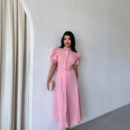 YAKA DÜĞME DETAYLI ELBİSE Pembe