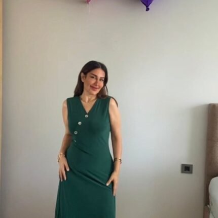 Kadın Kruvaze Yaka Düğme Detay Maxi Boy Elbise