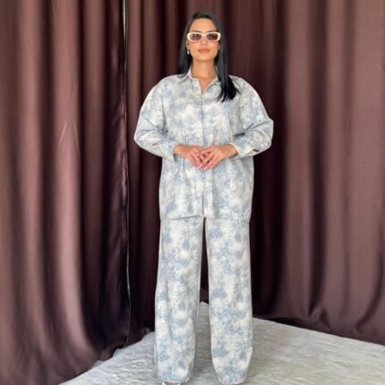 Mavi Leopar Desenli Ceket Ve Pantolon Keten Takım