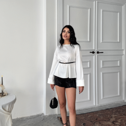 KEMER DETAYLI SATEN BLUZ Beyaz