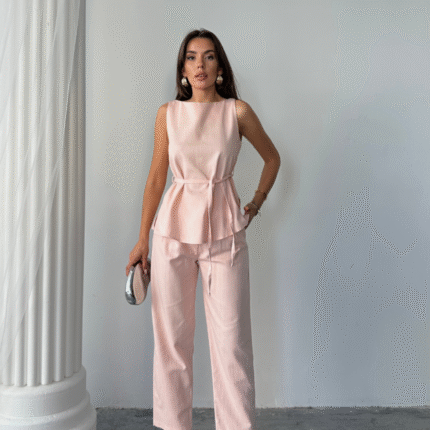 KETEN BLUZ PANTOLON TAKIM MASSİMO MODELSCREAT KUMAŞ Pudra
