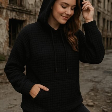 Kadın Uzun Kollu Kapşonlu Bağcıklı Cepli Capitone Sweatshirt