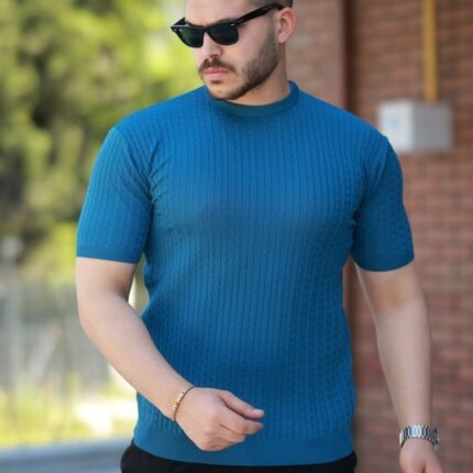 Erkek Bisiklet Yaka örgü Desenli Kısa örme Triko Kısa Kollu Tshirt