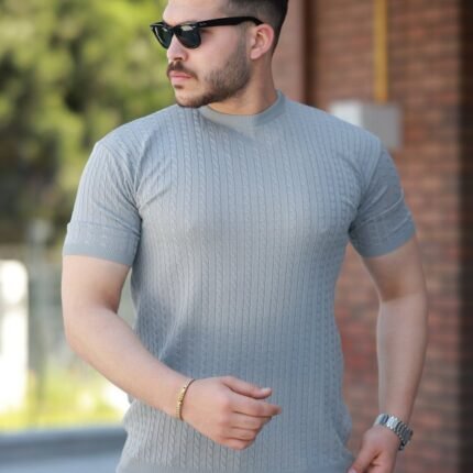 Erkek Bisiklet Yaka örgü Desenli Kısa örme Triko Kısa Kollu Tshirt