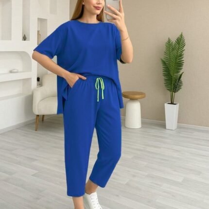 Kadın Kısa Kollu Bisiklet Yaka Viskon Iki Iplik Bluz Ve Pantolon Ikili Takım