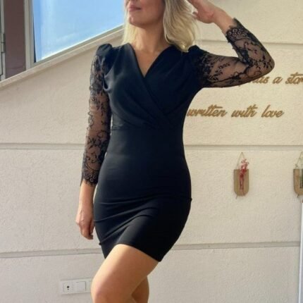 Kadın Uzun Kollu Kruvaze Yaka Kollar Tül Detay Krep Mini Boy Elbise