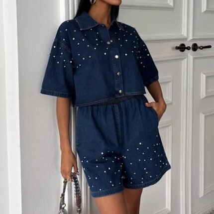 Taş Detaylı Gömlek Şort Denim Takım