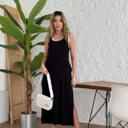 Kadın Yırtmaç Detaylı Viskon Kumaş Maxi Boy Cepli Iç Dahil Ikili Elbise