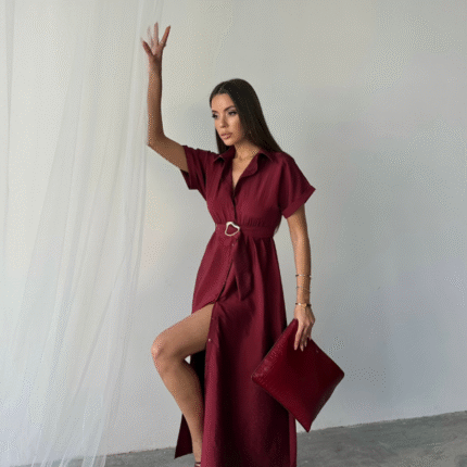 ÖNDEN DÜĞMELİ CRUSHLI MODAL ELBİSE Bordo