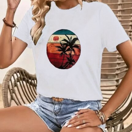 Kadın Kısa Kollu Palmiye Baskılı Viskon Tshirt