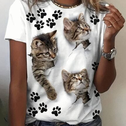 Kadın Kısa Kollu Kedi Ve Pati Baskılı Süprem Tshirt