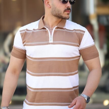 Erkek Yakalı Fermuarlı çift Renk Kısa Kollu Tshirt