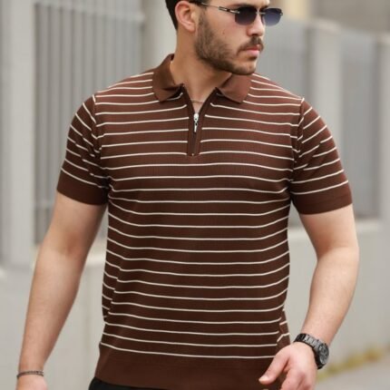 Erkek Fermuar Yakalı çizgili Kısa Kollu Tshirt