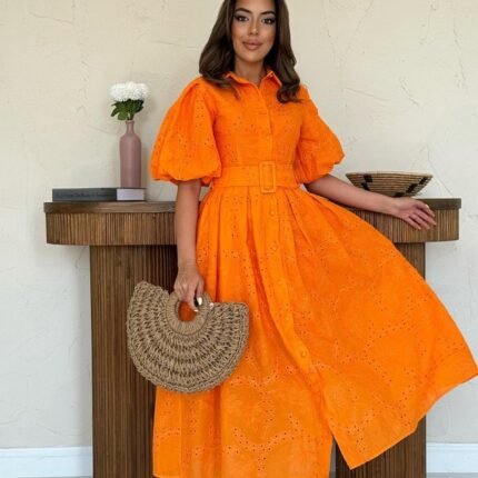 Oranj Pileli Balkon Elbise