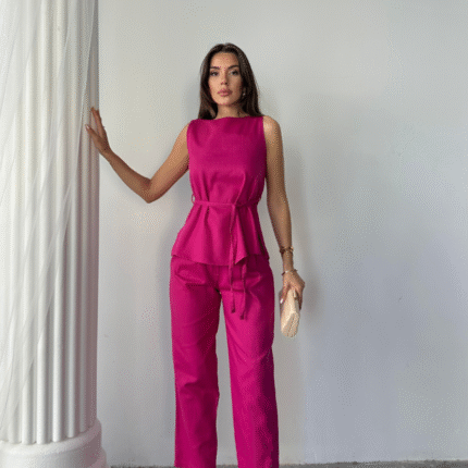 KETEN BLUZ PANTOLON TAKIM MASSİMO MODELSCREAT KUMAŞ Fuşya