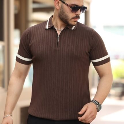Erkek Yaka Ve Kolları çizgi Detaylı Fermuarlı Kısa Kollu Tshirt