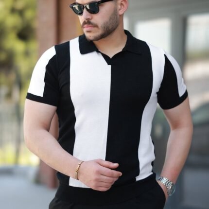 Erkek Kısa Kollu Polo Yakalı Blok Desenli Triko Bluz