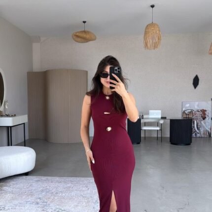 Kadın Bisiklet Yaka Broş Detay Yırtmaçlı Maxi Boy Ottoman Elbise