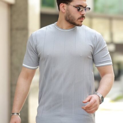 Erkek Bisiklet Yaka çizgi Desenli Ribanalı Kısa Kollu Tshirt