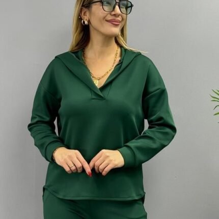 Kadın Uzun Kol V Yaka Kapüşon Detay Sweat Ve Yüksel Bel Eşofman Ikili Takım
