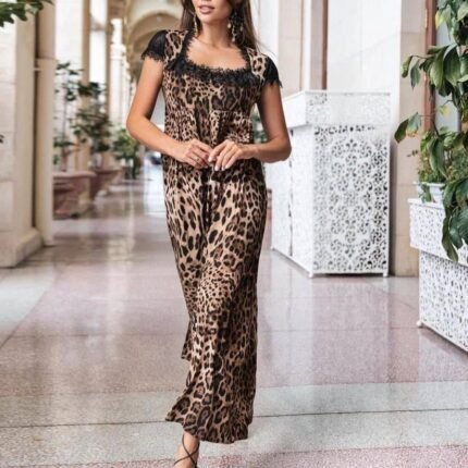 Kadın Leopar Desenli Dantelli Jesica Kumaş Maxi Boy Elbise