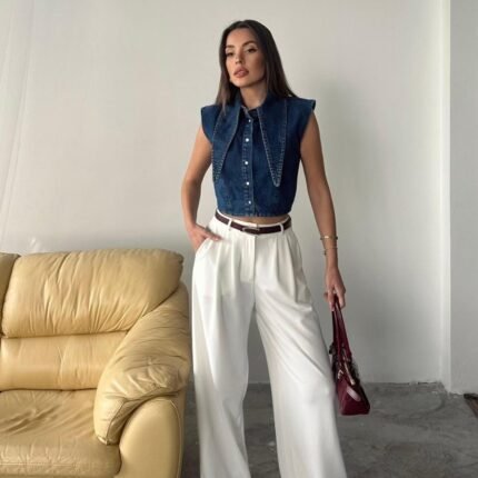 Mavi Yaka Detaylı Denim Crop