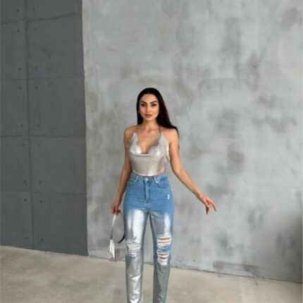 DİZ YIRTIK VARAKLI MOM KOT PANTOLON Gümüş