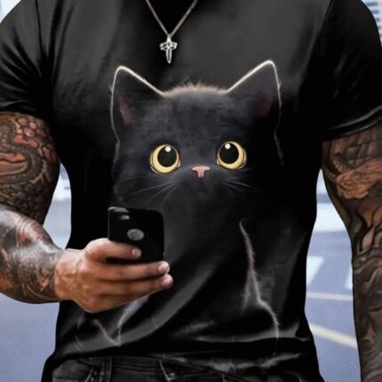 Erkek Bisiklet Yaka Kedi Baskılı Süprem Tshirt