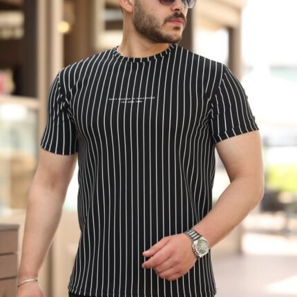 Erkek Dikey çizgili Ottoman Kumaş Kısa Kollu Tshirt