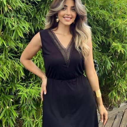 Kadın Sıfır Kol Dantelli V Yaka Viskon Elbise