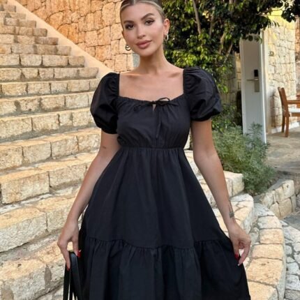 Kloş Poplin Elbise Siyah