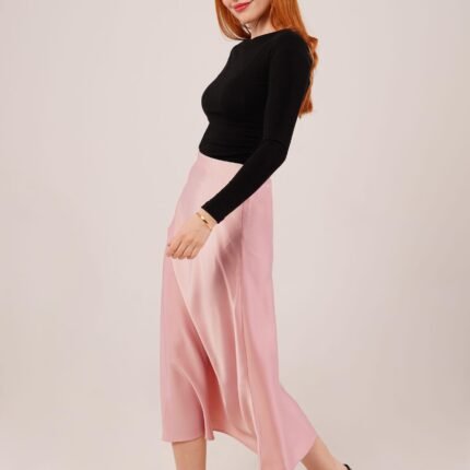 Çan Kesim Midi Pembe Saten Etek