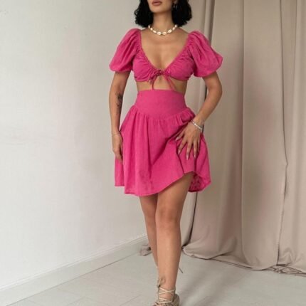 Fuşya Brode Crop Ve Mini Etek Takım