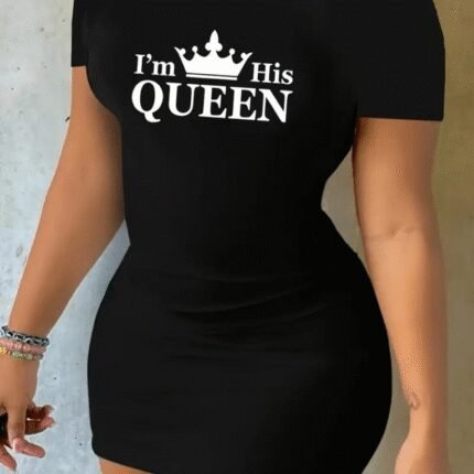 Kadın Kısa Kollu Queen Baskı Iki Iplik Mini Elbise