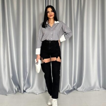 Siyah Askılı İki Parça Jeans Pantolon