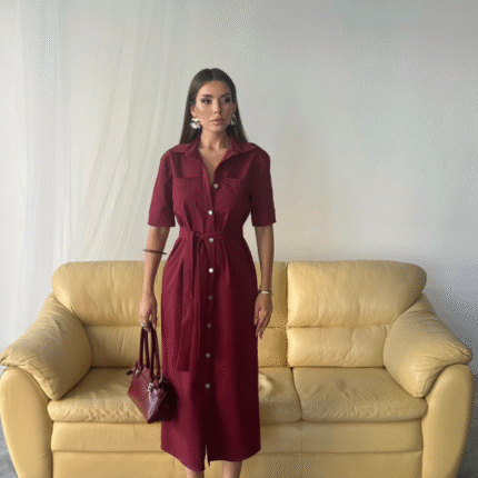 TENCEL ÖNDEN DÜĞMELİ KISA KOL ELBİSE Bordo
