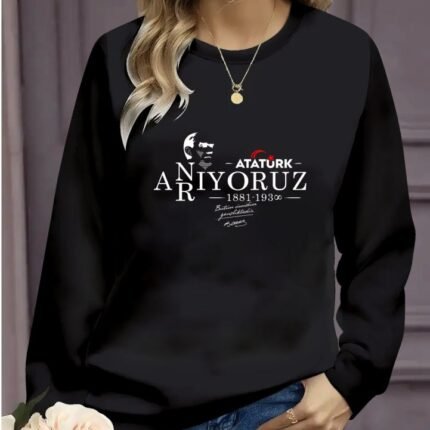 Kadın Uzun Kollu Kasım Atatürkü Anma Gününe Özel Viskon İki İplik Kumaş Sweat