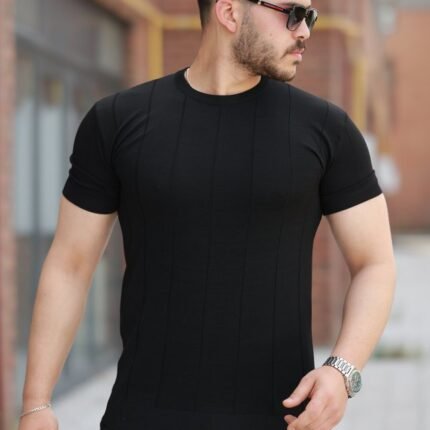 Erkek Ince çizgi Dokulu Bisiklet Yaka Kısa Kollu Tshirt