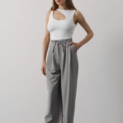 Pileli Bağcıklı Oversize Pantolon Gri