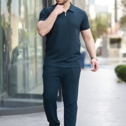 Erkek Yakalı Fermuarlı Tshirt Pantolon Ikili Rahat Takım