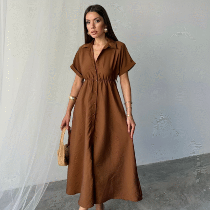 ÖNDEN DÜĞMELİ CRUSHLI MODAL ELBİSE Kahverengi