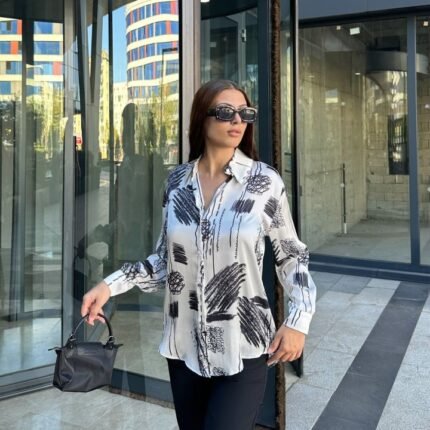 Kadın Uzun Kollu Dijital Baskılı Salaş Saten Gömlek