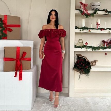 Bordo Omuz Büzgülü Saten Elbise