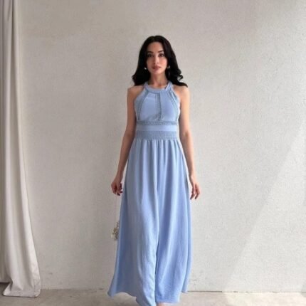 Kadın Krinkil Kumaş Beli Gipeli Halter Yaka Maxi Boy Elbise
