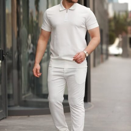 Erkek Yakalı Fermuarlı Tshirt Pantolon Ikili Rahat Takım
