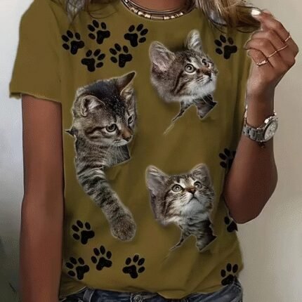 Kadın Kısa Kollu Kedi Ve Pati Baskılı Süprem Tshirt